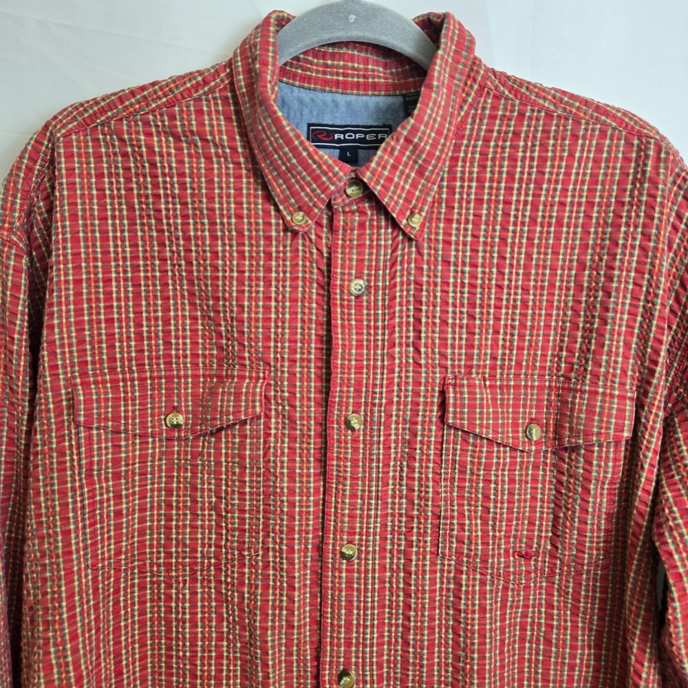 Roper 100% Cotton Long Sleeve Button Down Madras Plaid Shirt, Red,โ Large